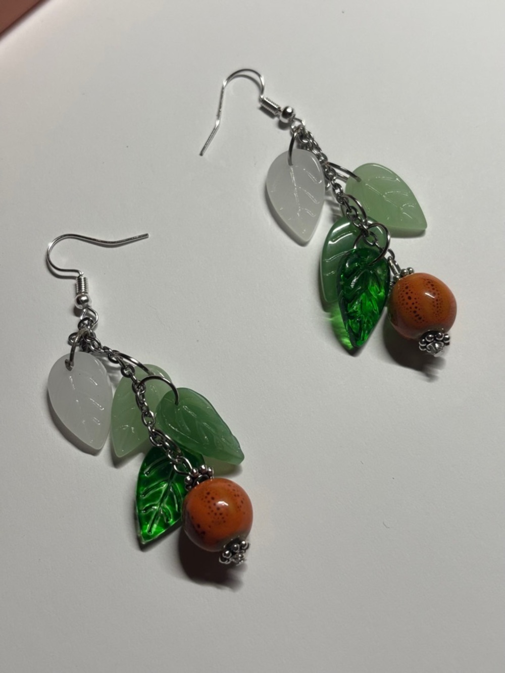 Handmade OOAK Orange Fruit Motif & Leaves Dangly Cascade Drop Chain Earrings
